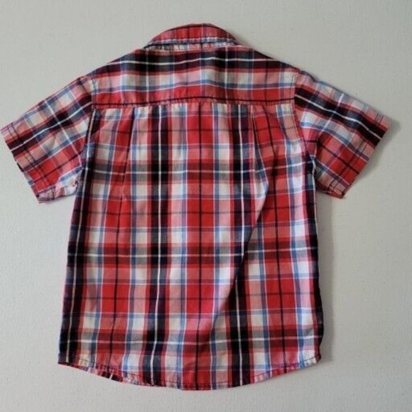 Healthtex Toddler Boy Size 3T Short Sleeve Button Up Plaid Shirt Red Blue - Picture 4 of 7